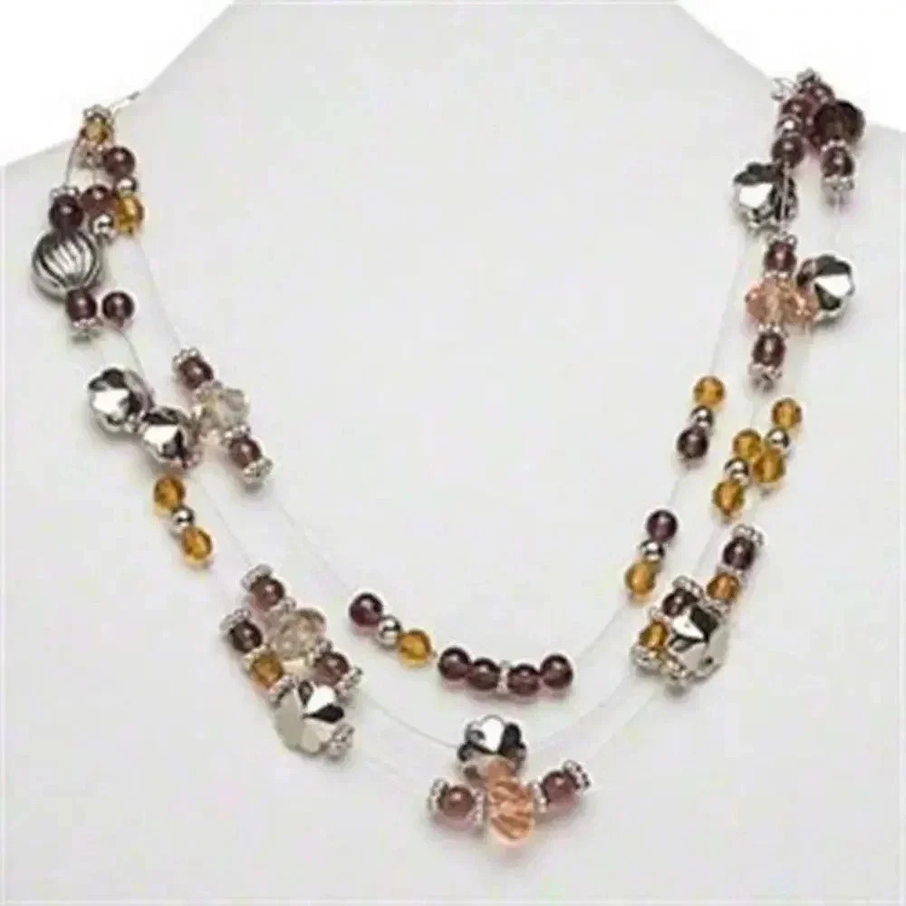 Multi Strand Draped Silver Amber Brown Acrylic and Glass Beaded Necklace